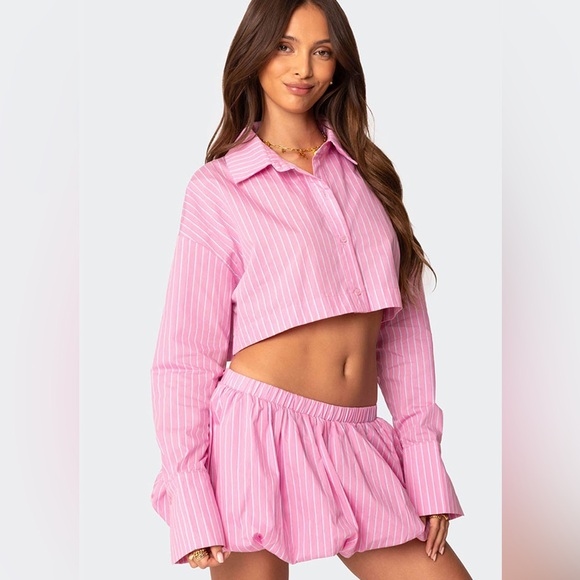 Edikted Pinstripe Cropped Button Up Shirt - Picture 1 of 8